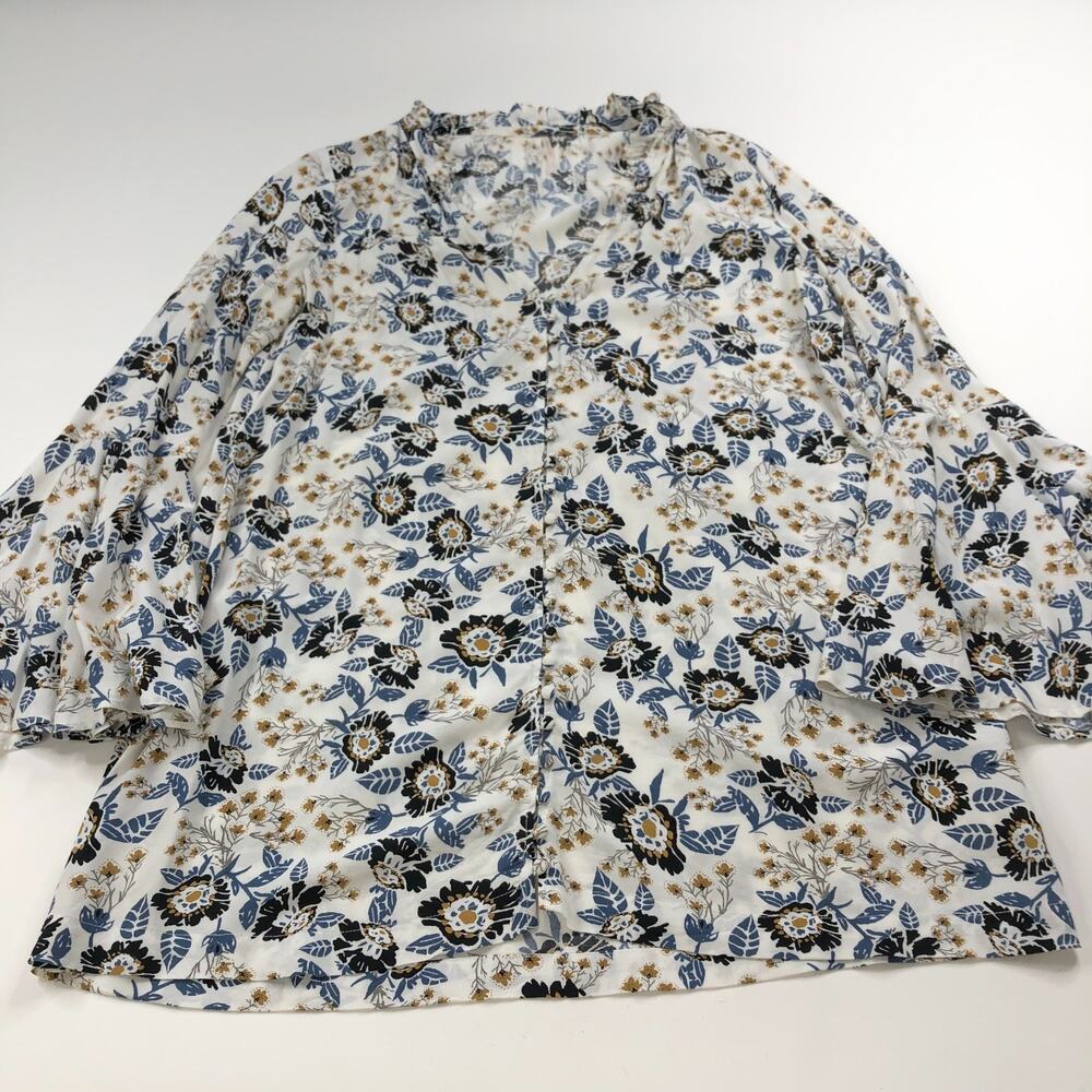 Free People SM Viscose Rayon Tunic Button Long Sleeve Printed Shirt Bell Sleeve